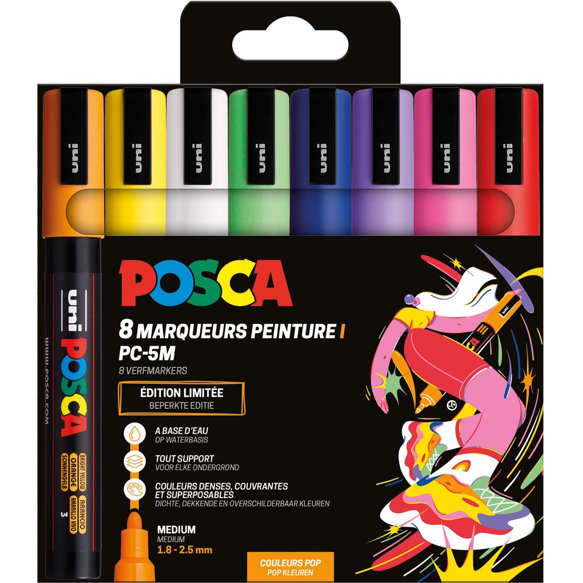 Posca - Uni paintmarker PC-5M, 1,8 2,5 mm, etui van 8 stuks in geassorteerde Pop kleuren