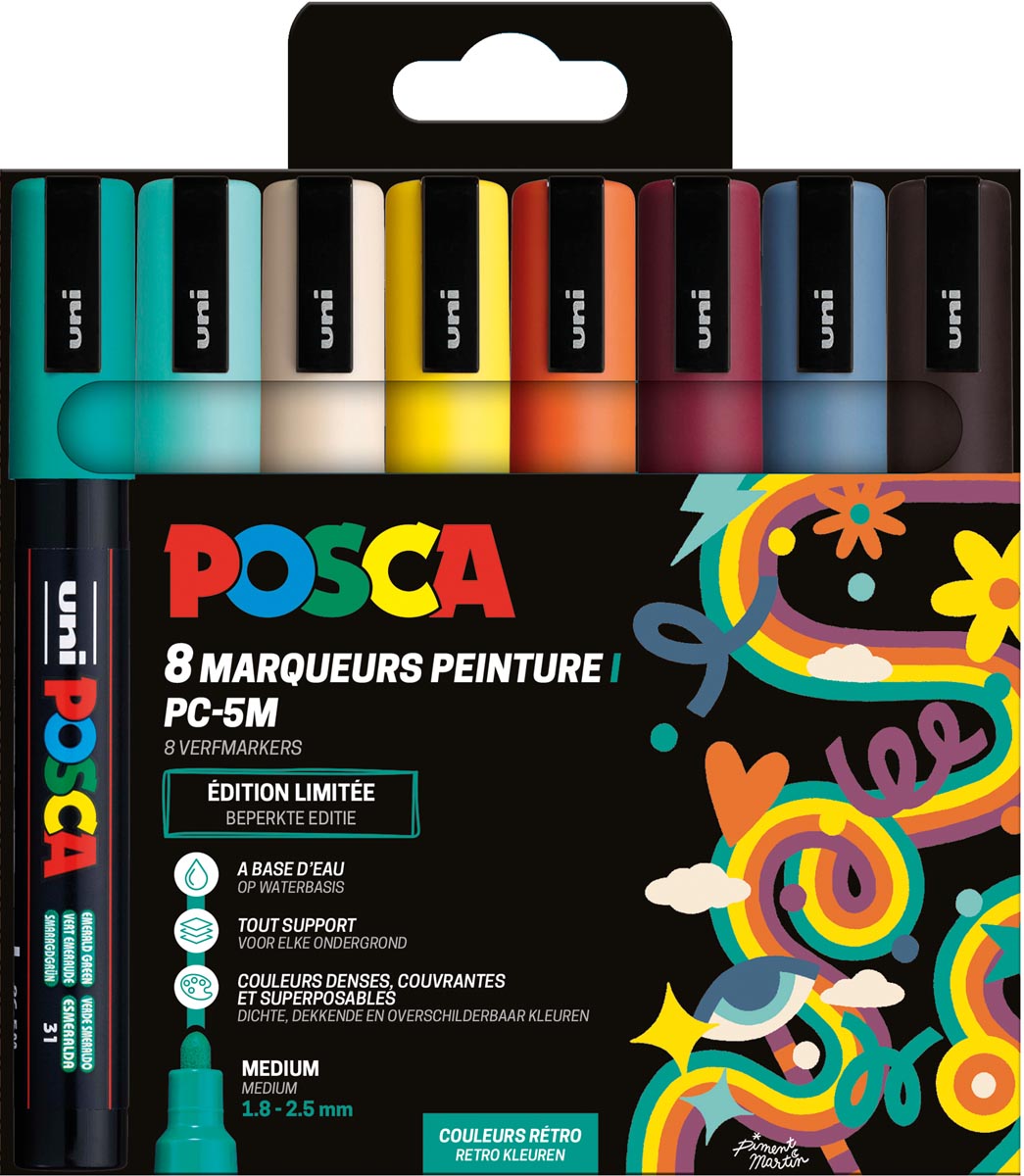 Posca - Uni paintmarker PC-5M, 1,8 2,5 mm, etui van 8 stuks in geassorteerde Retro kleuren