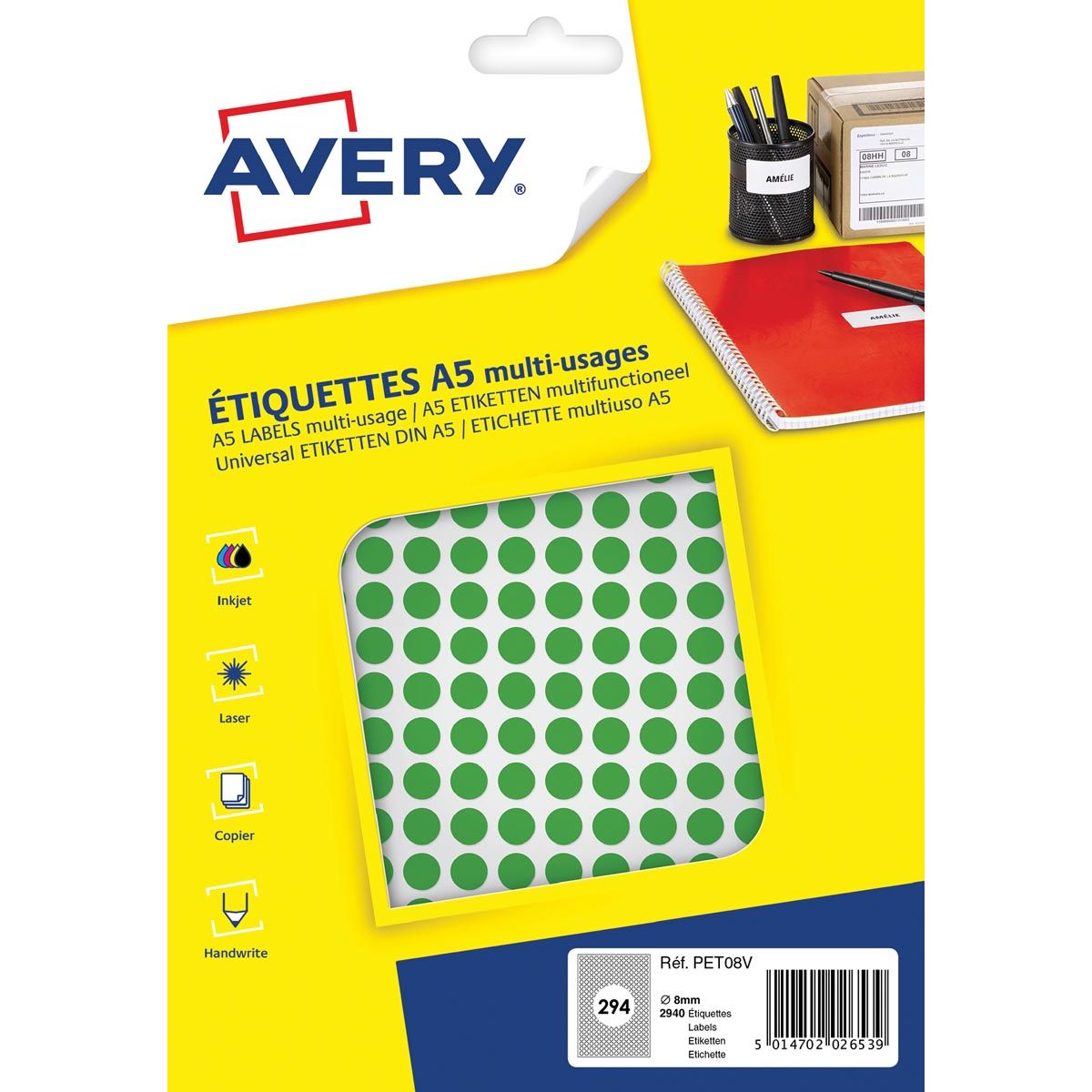 Avery - Etiquettes de marquage rondes PET08V, diamètre 8 mm, blister de 2940 pièces, vertes