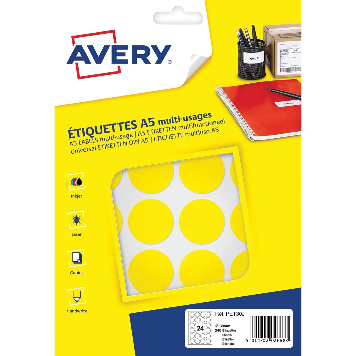 Avery - PET30J runde Markierungsetiketten, Durchmesser 30 mm, Blister mit 240 Stück, gelb