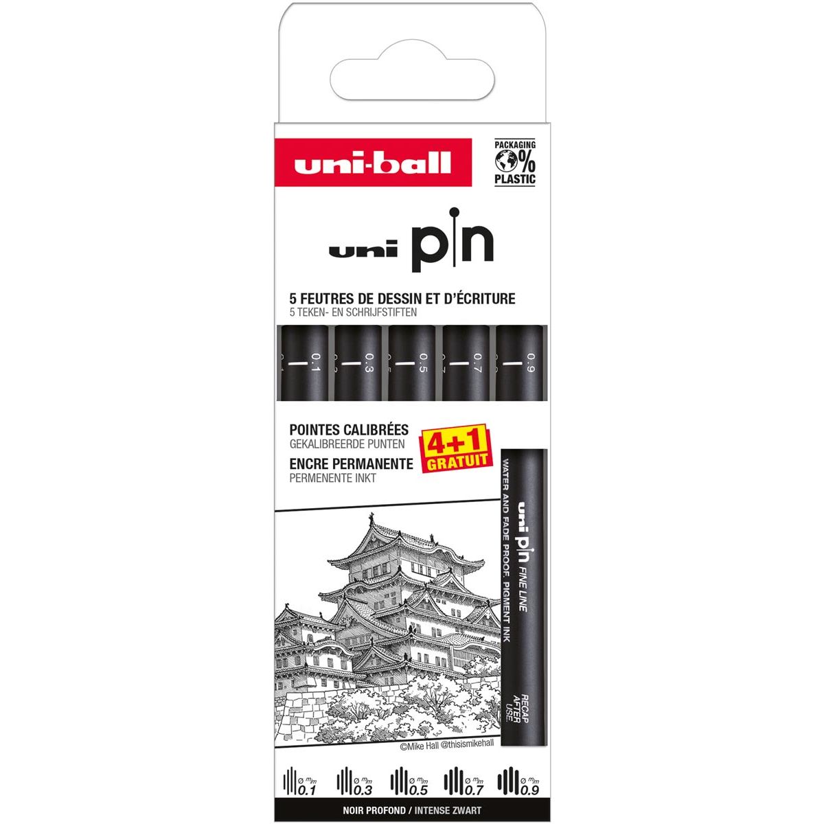 Uni Ball – Uni Pin Fineliner, kalibrierte Spitzen, schwarz, 0,1–0,3–0,5–0,7–0,9 mm, Blister mit 4 Stück + 1 gratis