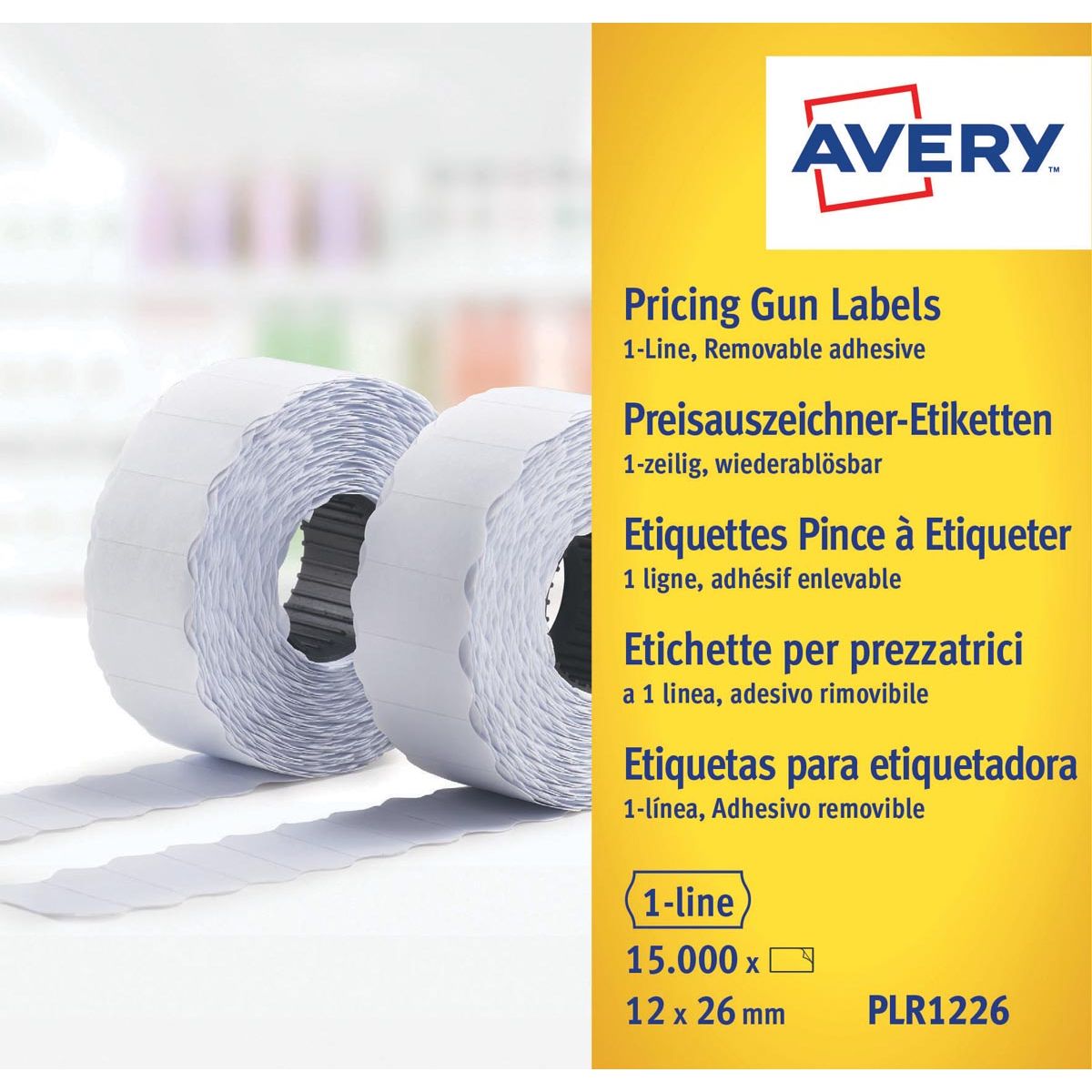 Avery - PLR1226 etiketten voor prijstang afneembaar, ft 12 x 26 mm, 15 000 etiketten, wit