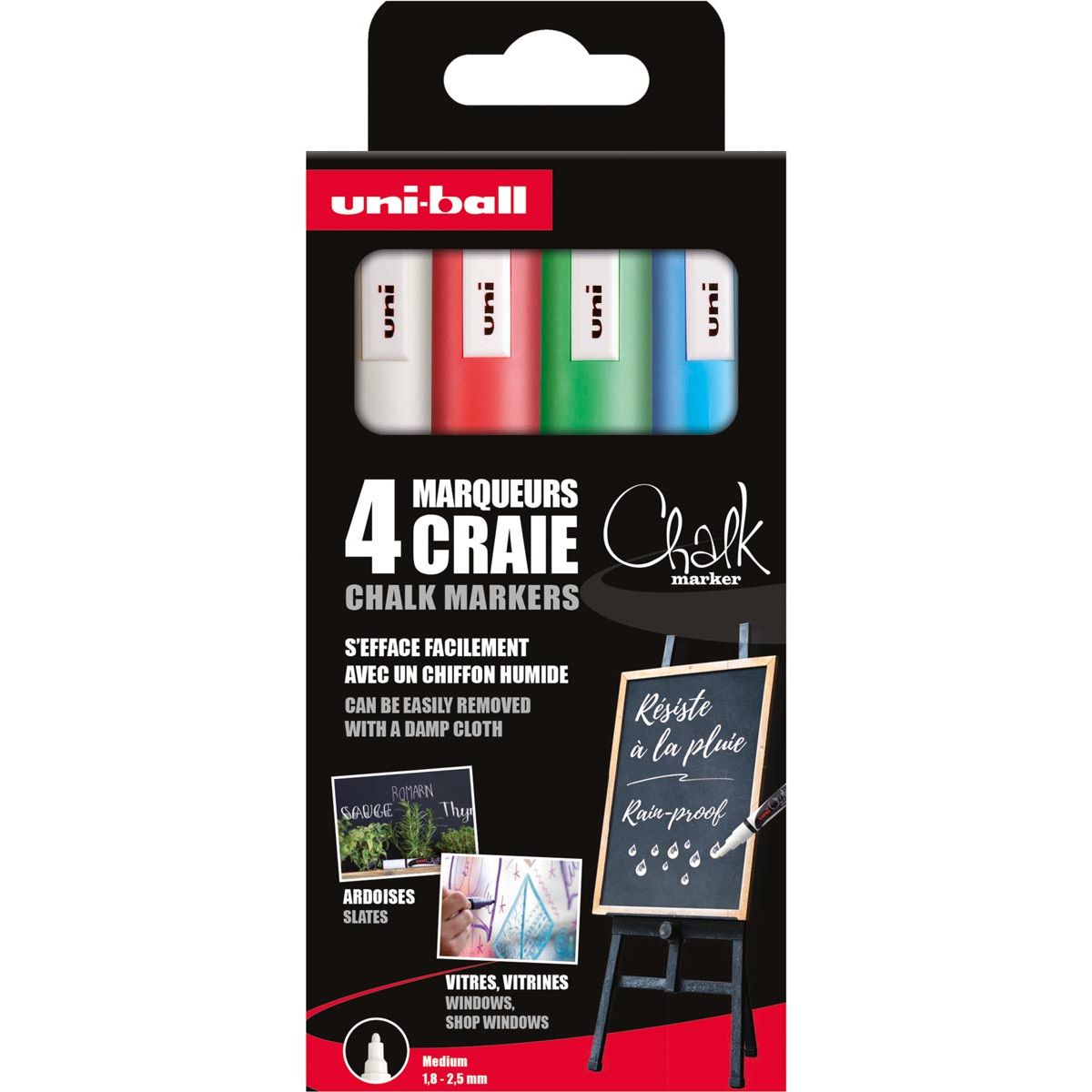 Uni-ball - krijtmarker, ronde punt 1,8 2,5 mm, etui van 4 stuks, assorti