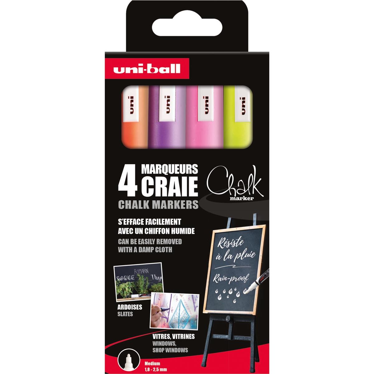 Uni-ball - krijtmarker, ronde punt 1,8 2,5 mm, etui van 4 stuks, assorti