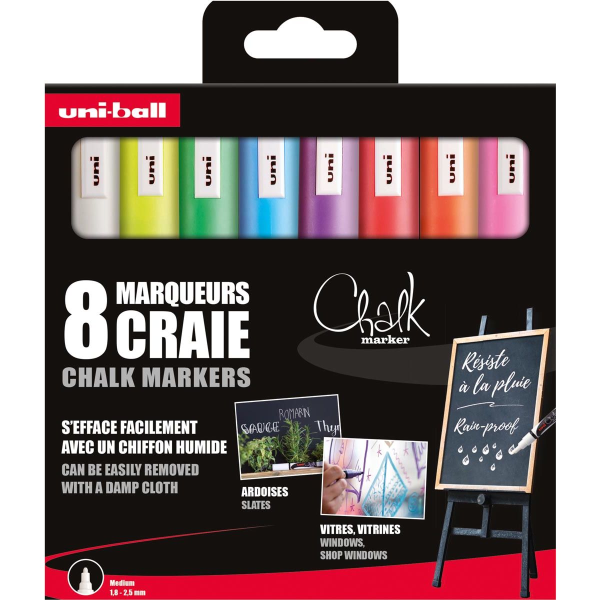 Uni-ball - marqueur craie, pointe ronde 1,8 2,5 mm, étui de 8 pièces, assortis