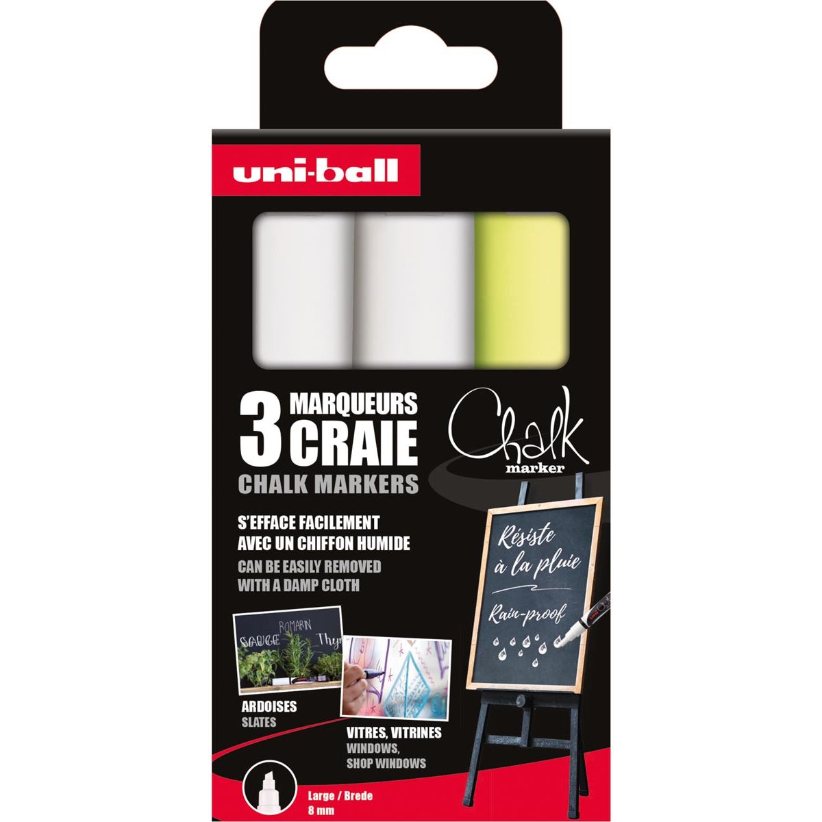 Uni-ball - marqueur craie, pointe biseautée 8 mm, étui de 3 pièces, assorti