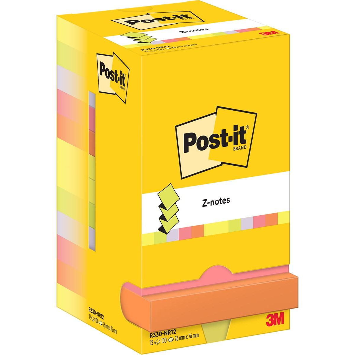 Post-it Z-notes - Z-notes, 100 vel, ft 76 x 76 mm, pak van 12 blokken, assorti neonkleuren