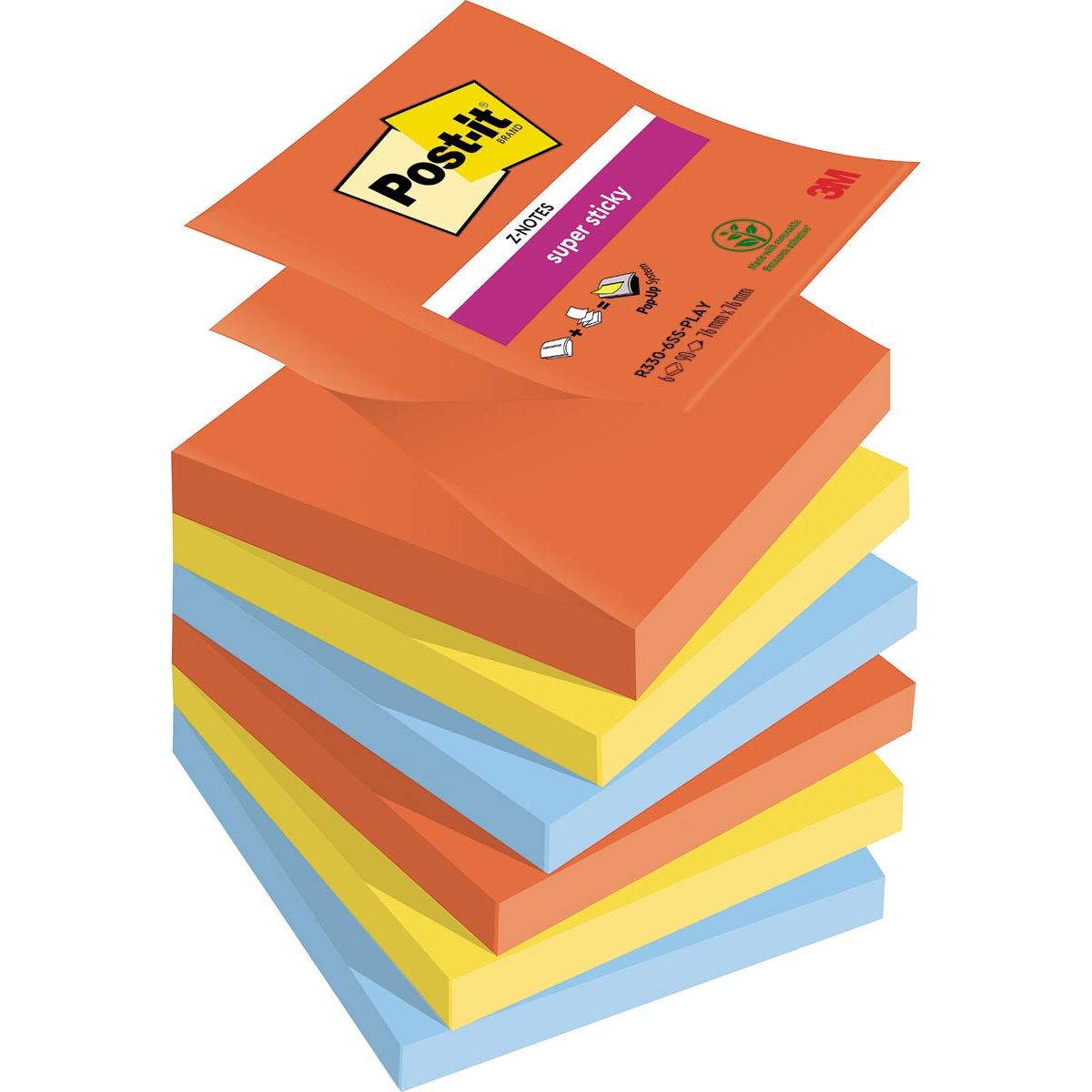 Post-it Super Sticky - Super Sticky Z-notes Playful, 90 vel, ft 76 x 76 mm, geassorteerde kleuren, pak van 6 blokken