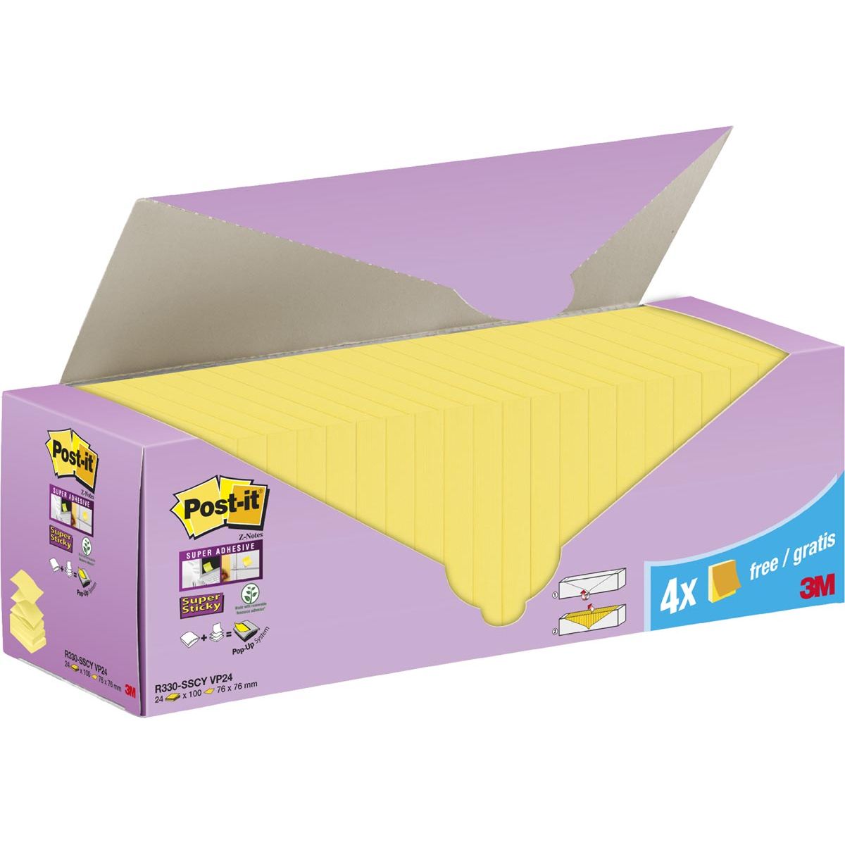 Post-it Super Sticky - Super Sticky Z-notes, 90 vel, ft 76 x 76 mm, doos van 20 + 4 gratis, geel