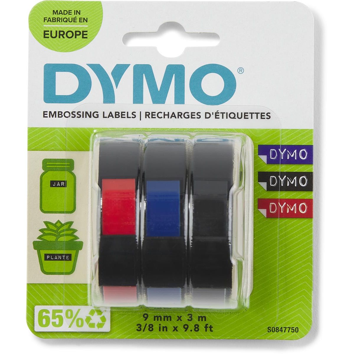 Dymo - Vinyle gaufrage relief 9mm assorti 3 pièces