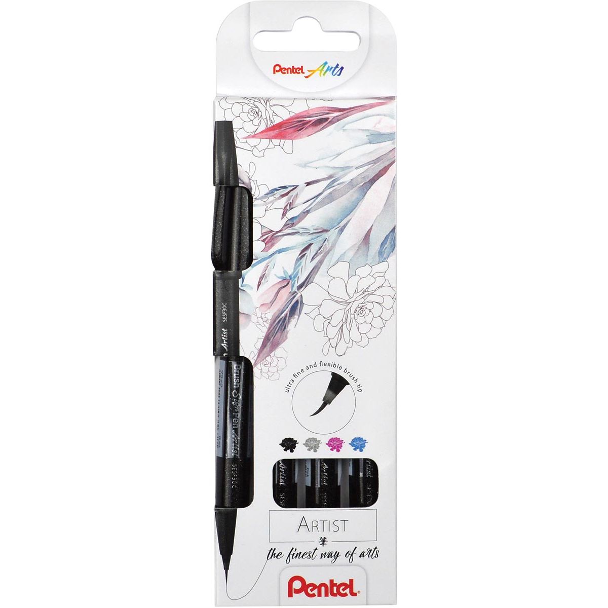 Pentel - Brushpen Artist, étui en carton de 4 pièces : noir, gris, turquoise et rose
