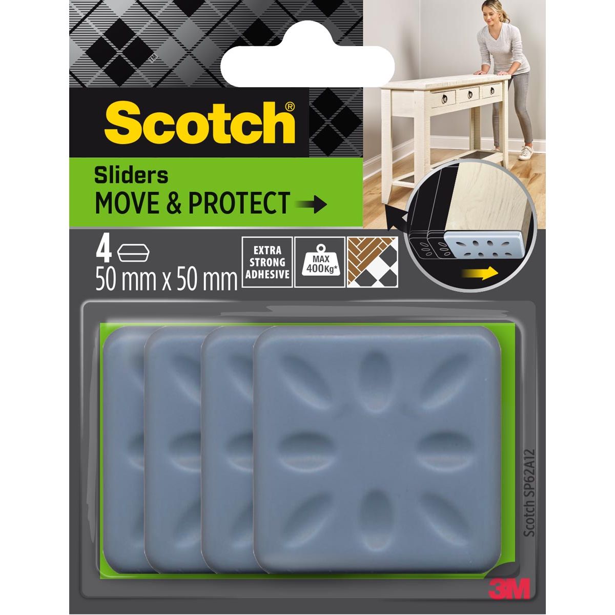 Scotch - Move Protect glijders, grijs, Ft. 50 mm x 50 mm, blister van 4 stuks