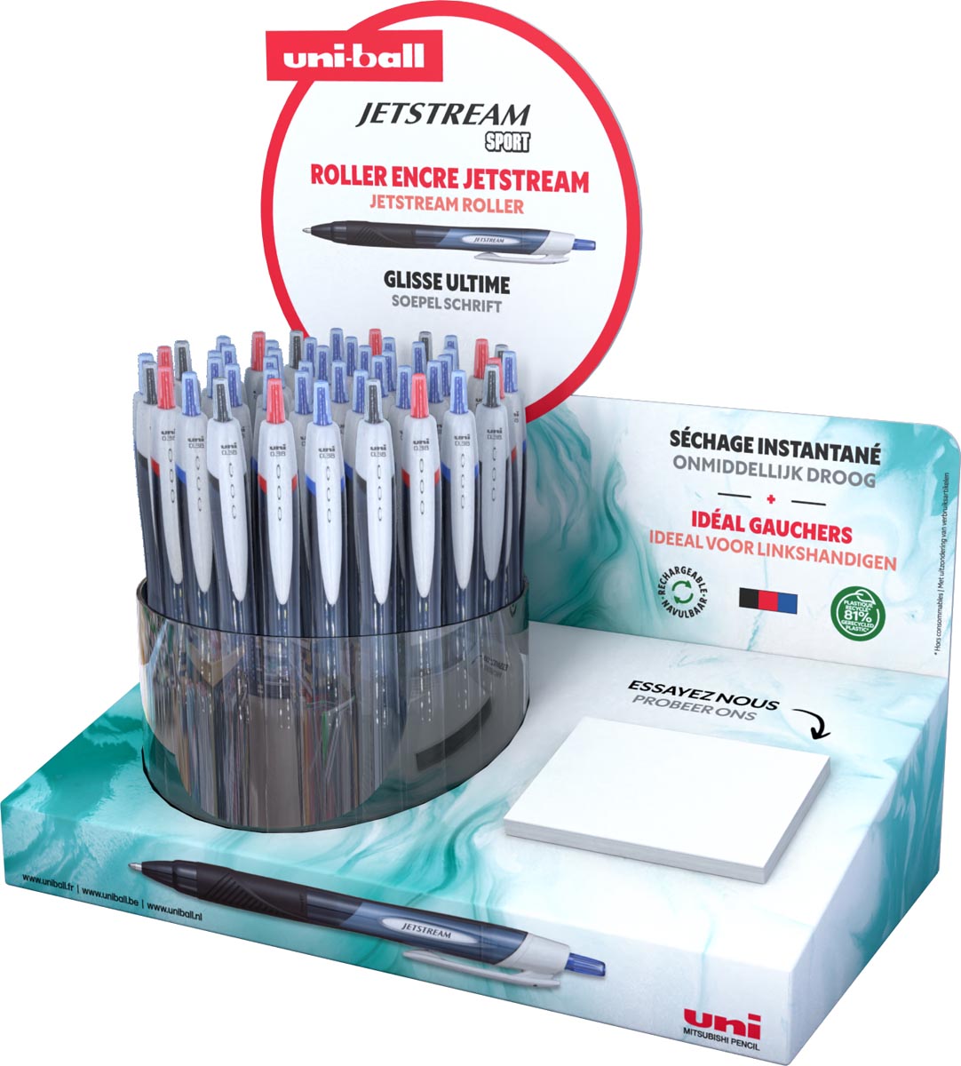 Uni-ball - Jetstream roller Eco, intrekbaar, schrijfbreedte 0,85 mm, assorti, display van 48 stuks