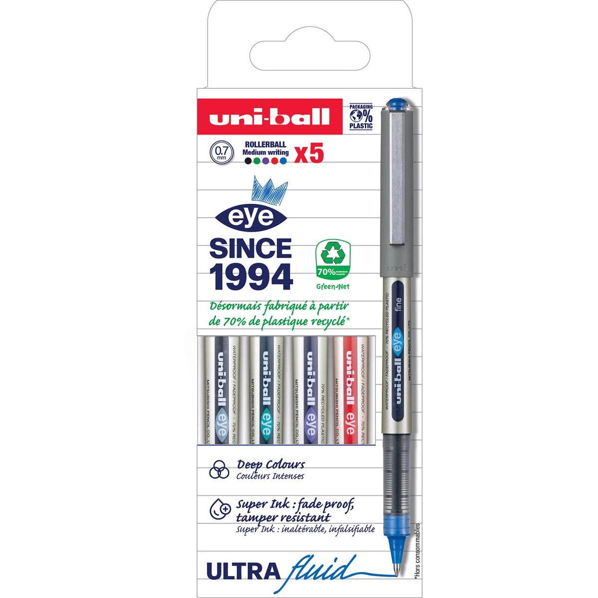 Uni-ball - Stylo roller Eye UB157 moyen assorti 5 pièces