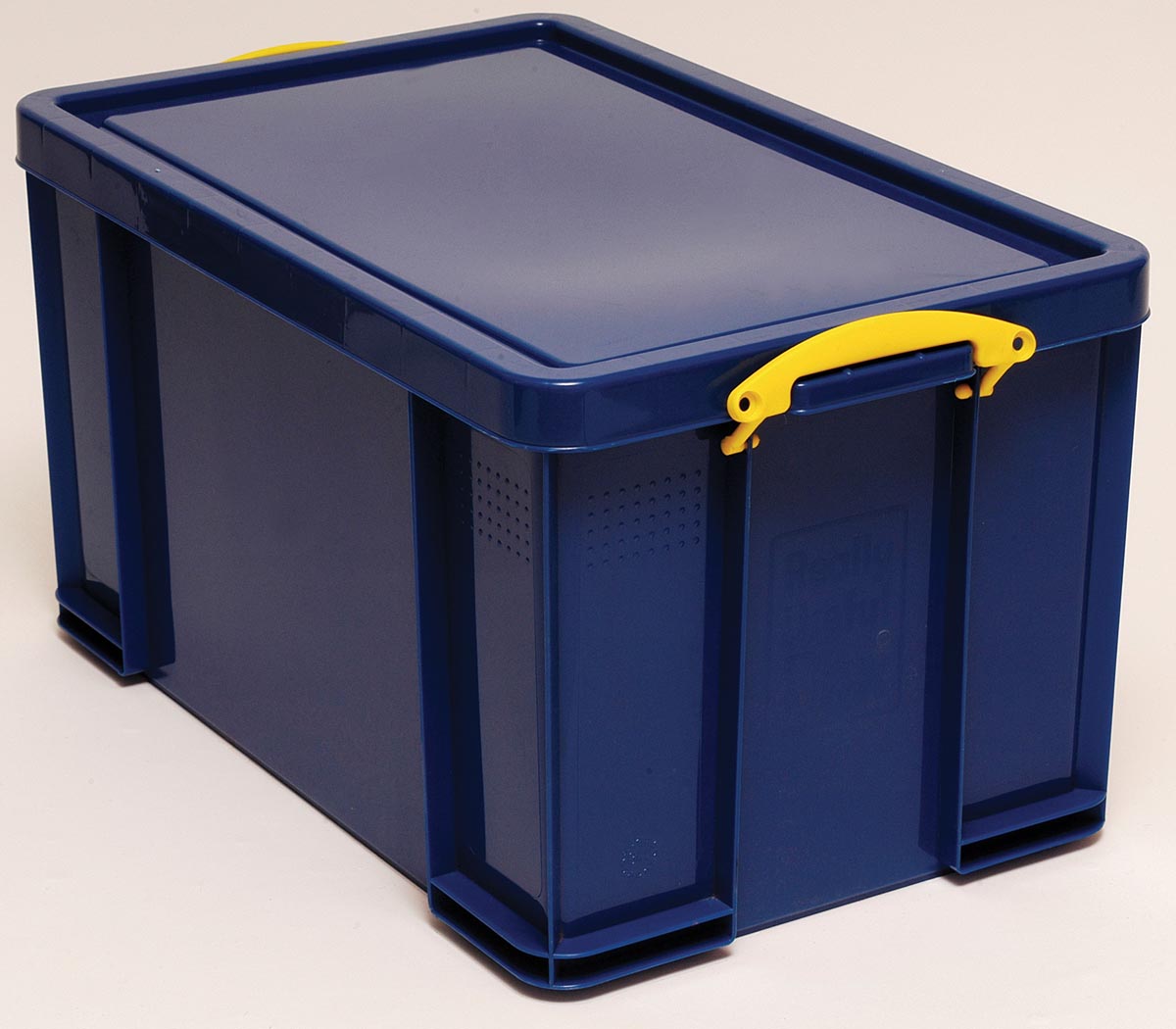 Really Useful Box - Boîte de rangement Box 84 litres, bleu foncé avec poignées jaunes
