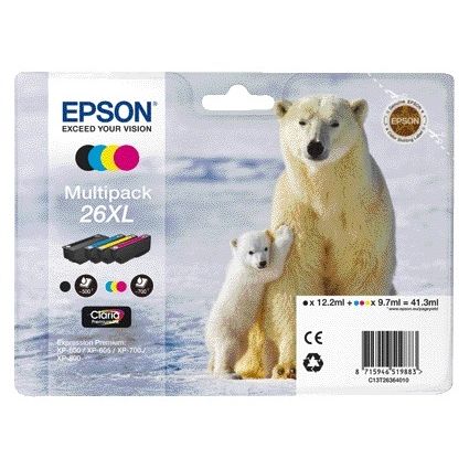 Epson - Tintenpatrone 26XL T2636 Schwarz + 3 Farben
