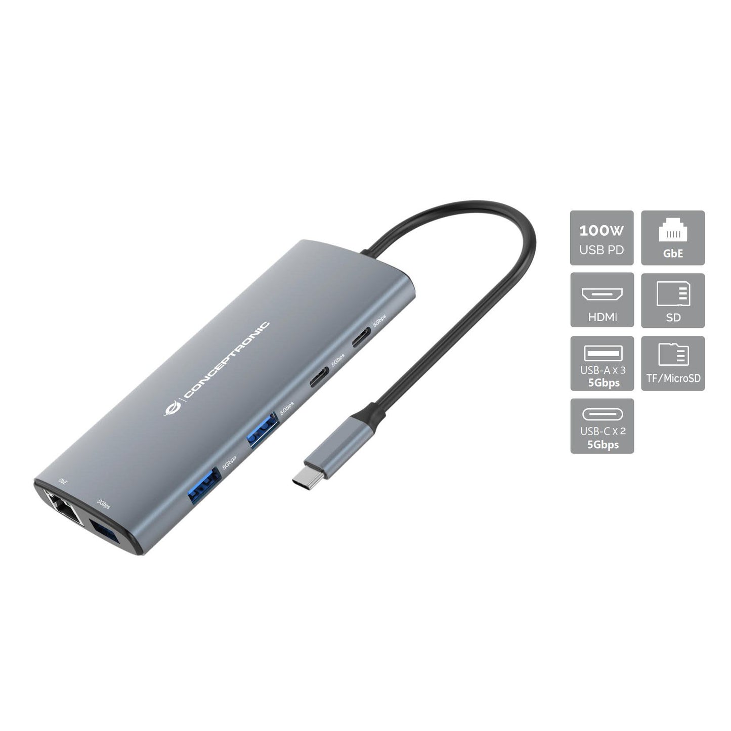 CONCEPTRONIC - DONN06G laptop dock poortreplicator Bedraad USB 3.2 Gen 1 (3.1 Gen 1) Type-C Grijs