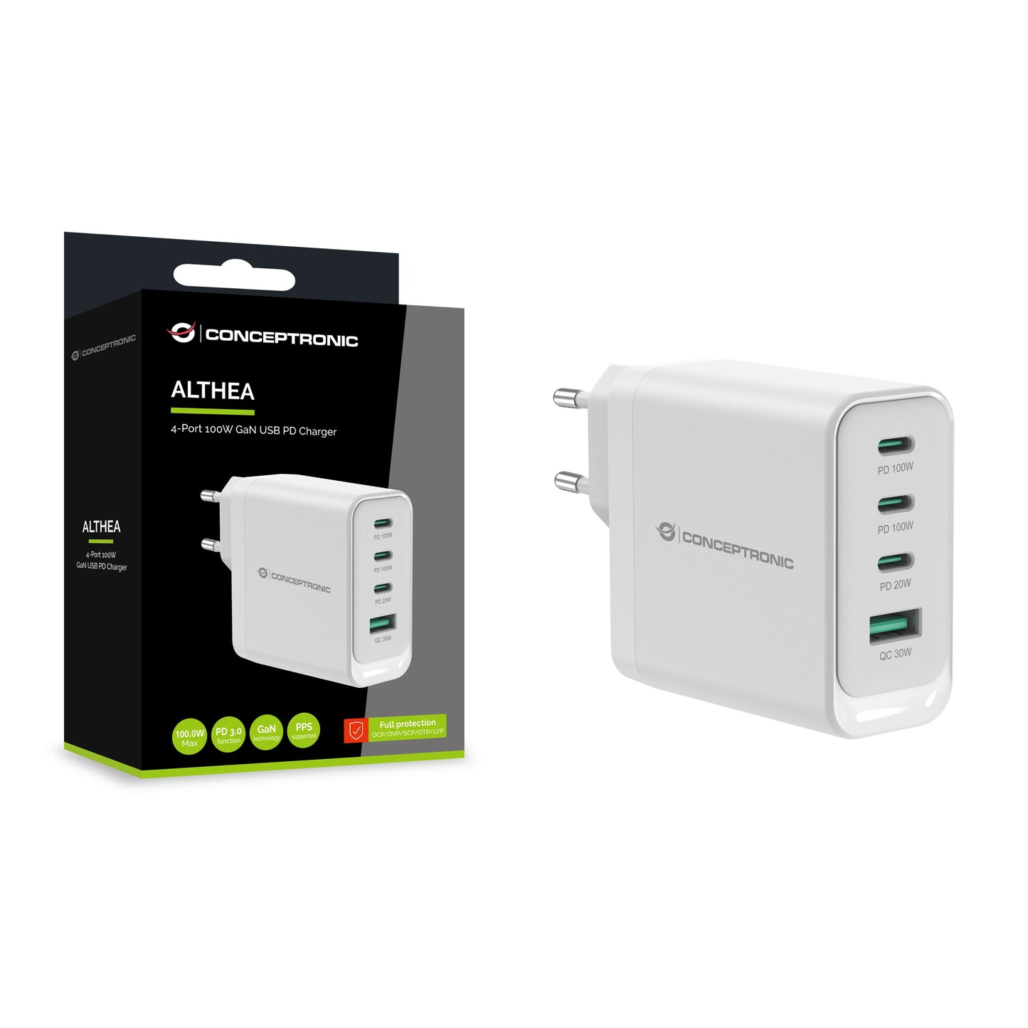 CONCEPTRONIC - ALTHEA22W100 oplader voor mobiele apparatuur Universeel Wit AC Snel opladen Binnen