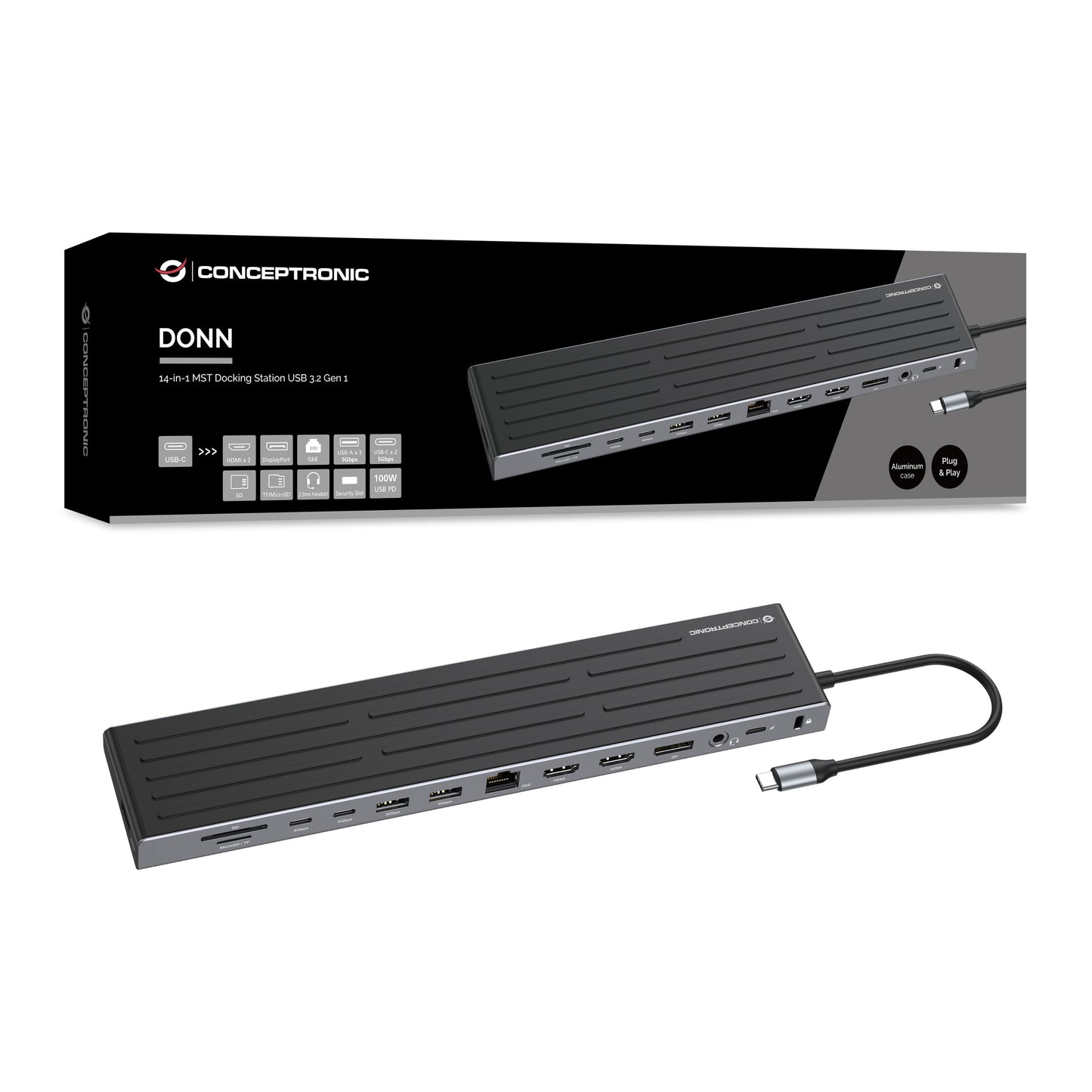 CONCEPTRONIC - DONN32B laptop dock poortreplicator Bedraad USB 3.2 Gen 1 (3.1 Gen 1) Type-C Grijs, Zilver