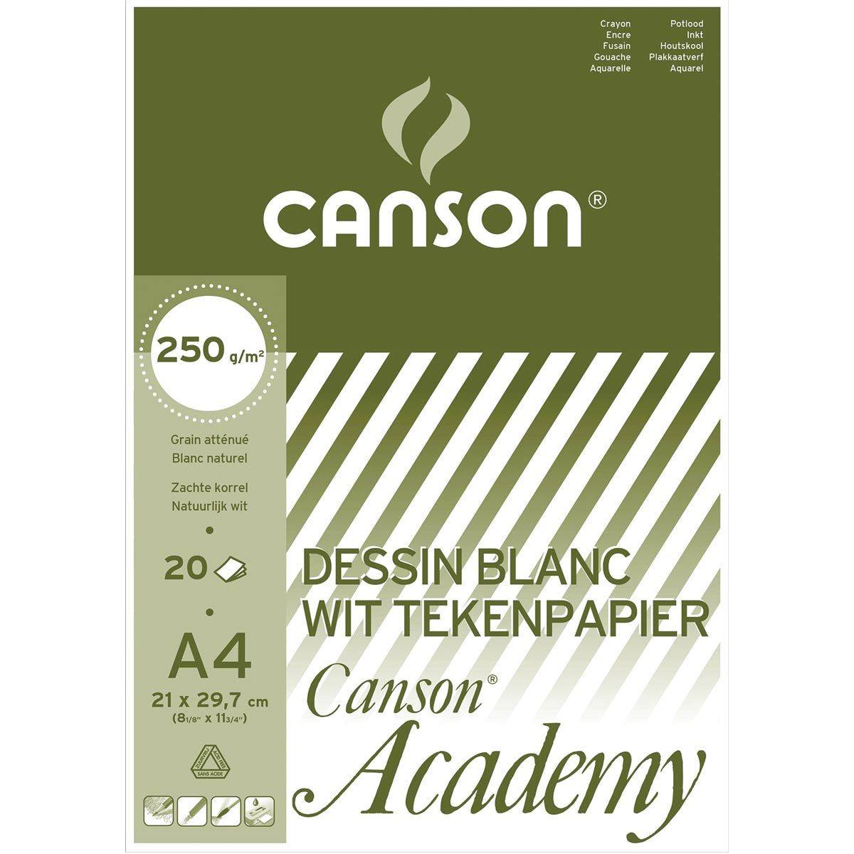 Canson - tekenpapier Academy, 250 g, ft 21 x 29,7 cm, A4, blok van 20 vel