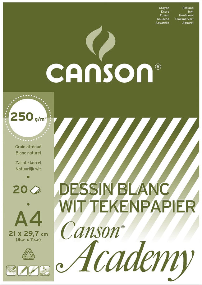 Canson – Zeichenpapier Academy, 250 g, ft 21 x 29,7 cm, A4, Block mit 20 Blatt