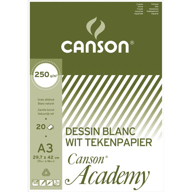 Canson -  tekenpapier Academy, 250 g, ft 29,7 x 42 cm, A3, blok van 20 vel