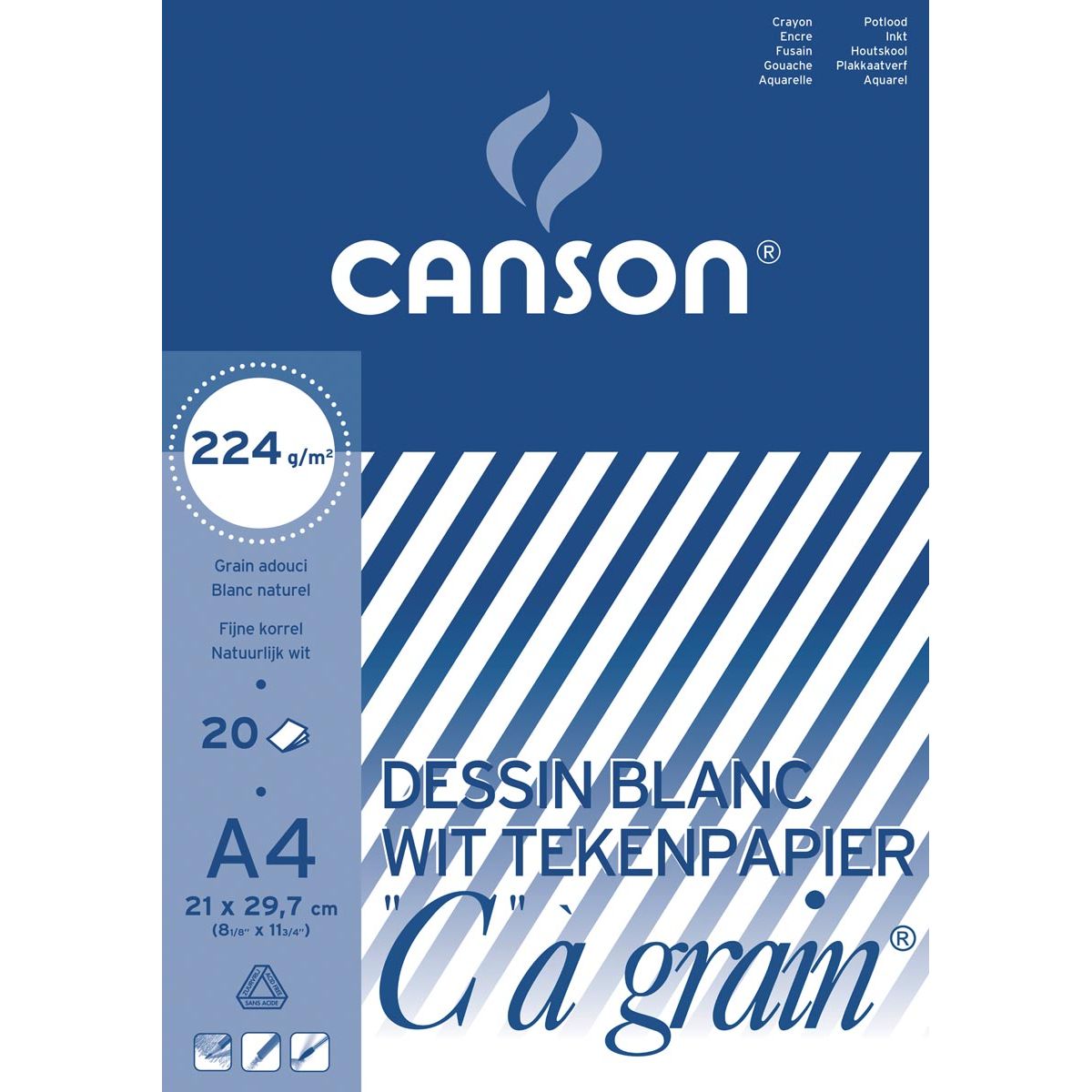 Canson - Bloc de dessin C à grain 224 g / m², ft 21 x 29,7 cm (A4)