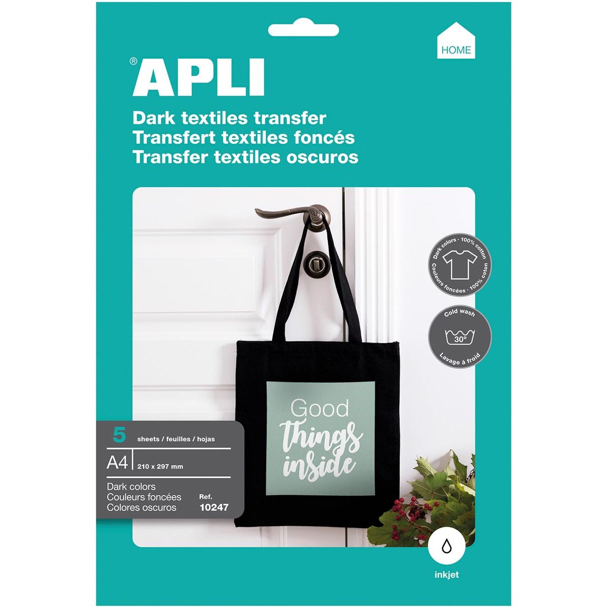 APLI - T -Shirt Transferpapier für dunkles oder schwarzes Textil, Pack mit 5 Blättern