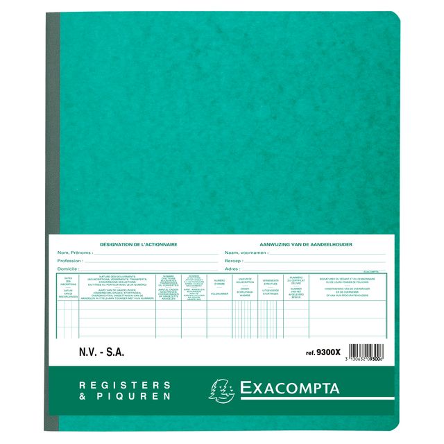 Exacompta - Registre Piqure actionnaire NV/SA 250x320mm 80 feuilles vert