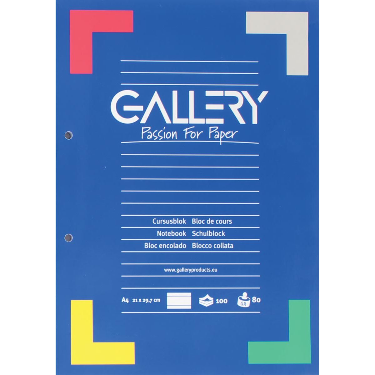 Gallery - bloc de cours, ft A4, 80 g/m², perforation 2 trous, ligné, 100 feuilles