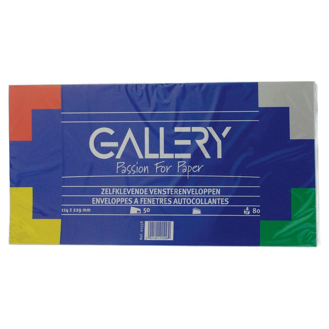 Galerie - Galerieumschläge ft 114 x 229 mm, mit Fenster rechts, Streifenverschluss, Packung mit 50 Teilen