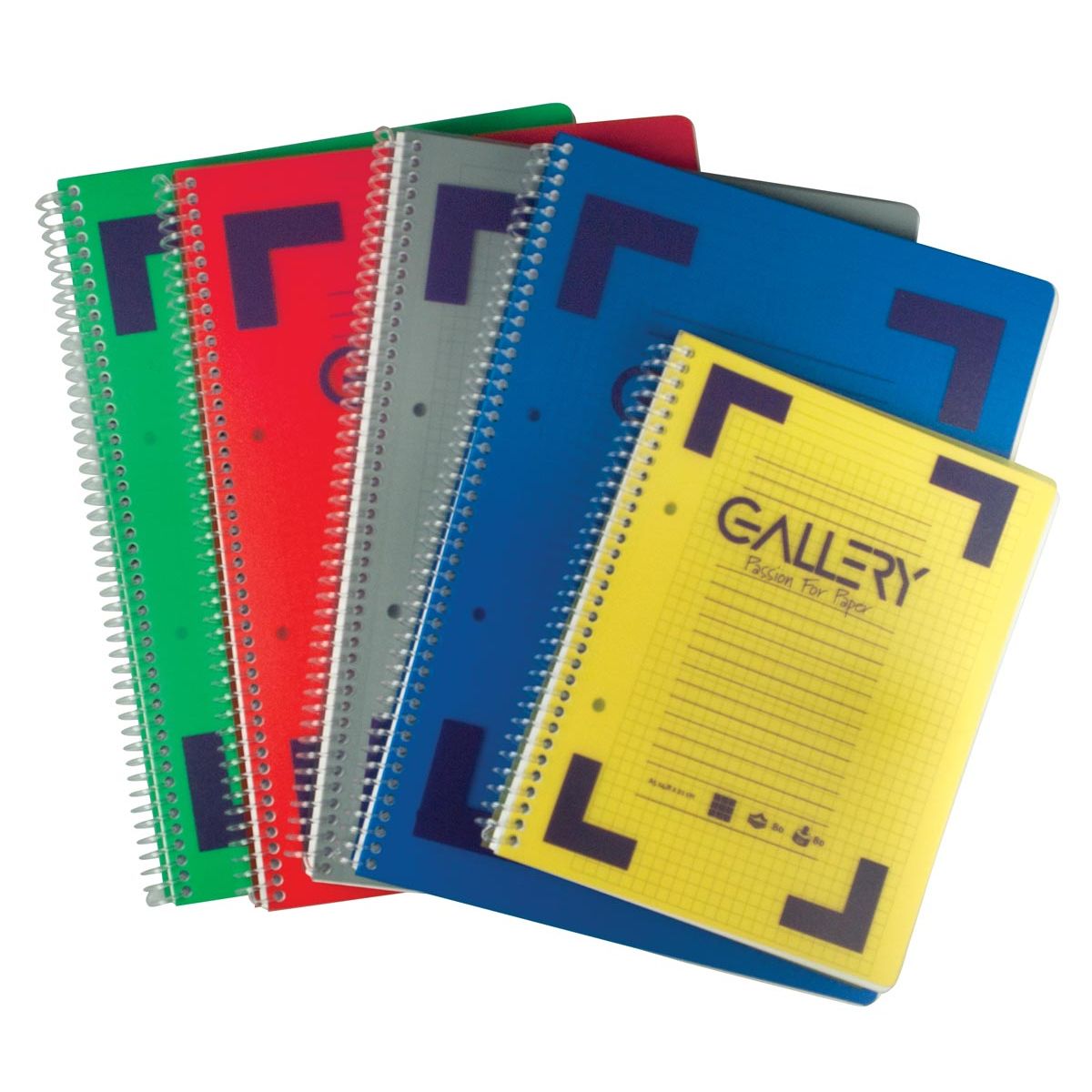 Galerie - Cahier à spirale traditionnel en format A5, quadrillé 5 mm, couleurs assorties, 160 pages