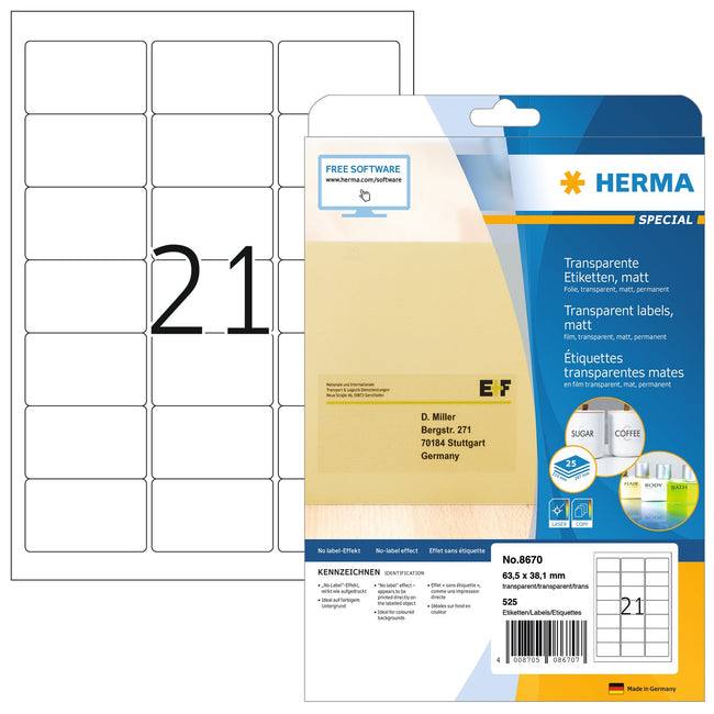 HERMA -  Etiket 8670 A4 63.5x38.1mm folie transparant mat 525st