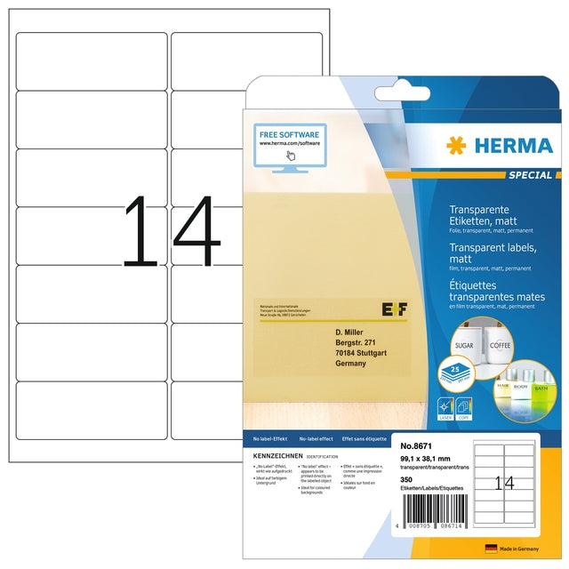 HERMA - Etiket herma 8671 a4 99.1x38.1 folie transp mat