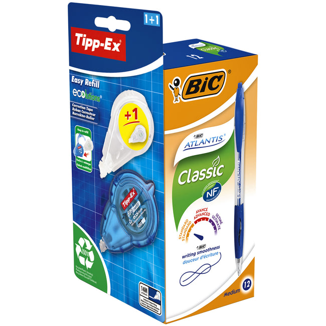 Bic - Stylo bille Atlantis + offert easy medium bleu boîte de 12 pièces