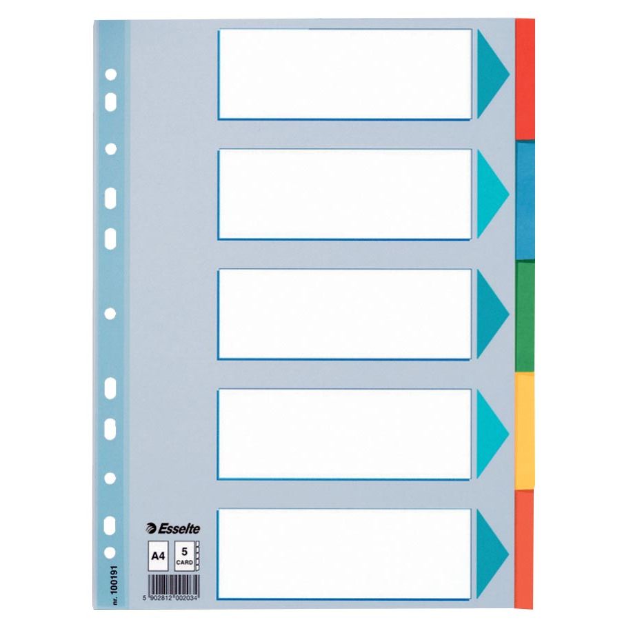 Esselte - onglets, pour ft A4, en carton, 5 onglets, couleurs assorties