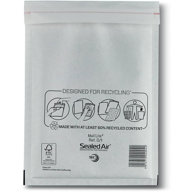 Mail Lite - Luftpolsterumschläge, weiß, D/1, 180 x 260 mm, Karton mit 200 Stück