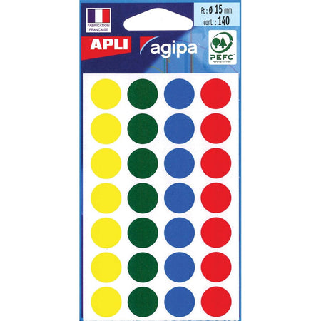 Agipa - runde Etiketten im Etui, Durchmesser 15 mm, farbig sortiert, 140 Stück, 28 pro Blatt