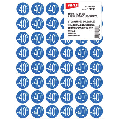 Apli -  Agipa Kortinglabel -40%, blauw, pak van 192 stuks, verwijderbaar