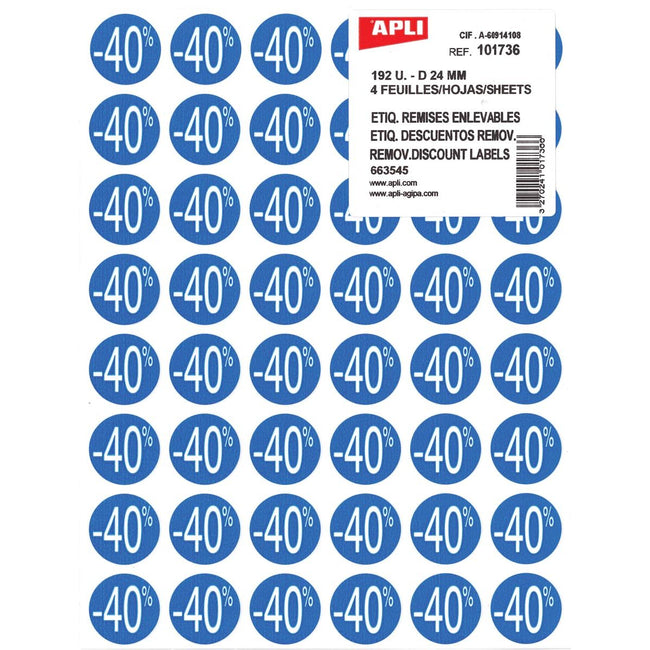 Apli -  Agipa Kortinglabel -40%, blauw, pak van 192 stuks, verwijderbaar