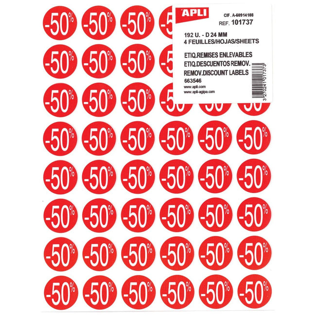 Apli - Agipa Kortinglabel -50%, rood, pak van 192 stuks, verwijderbaar