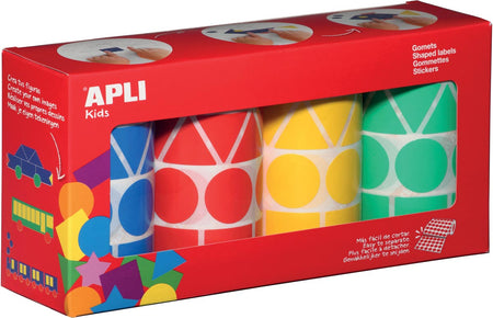 Apli Kids - Stickers enfants XL, boîte de 4 rouleaux de 4 couleurs et 4 formes (bleu, rouge, jaune et vert)