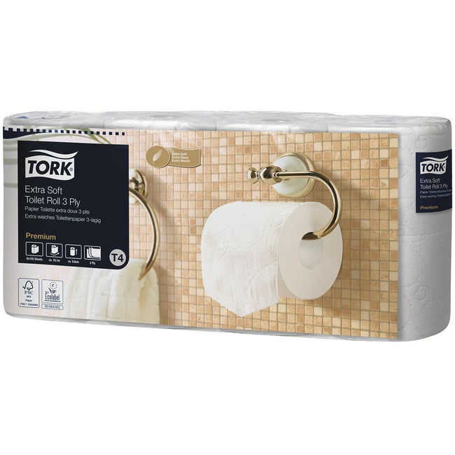 Tork - Toilettenpapier Extra Soft 3-lagig, Weiß, 155 Blatt, für System T4, Packung mit 8 Rollen