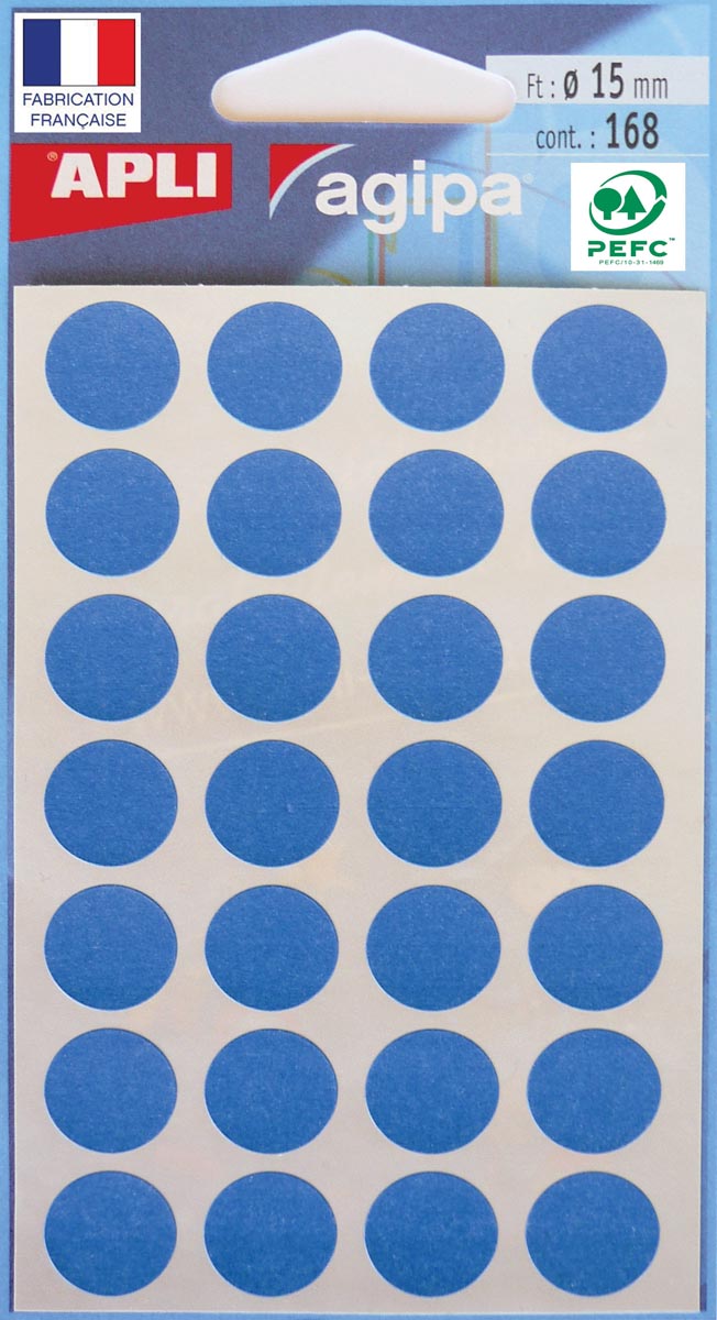 Agipa -   ronde etiketten in etui diameter 15 mm, blauw, 168 stuks, 28 per blad