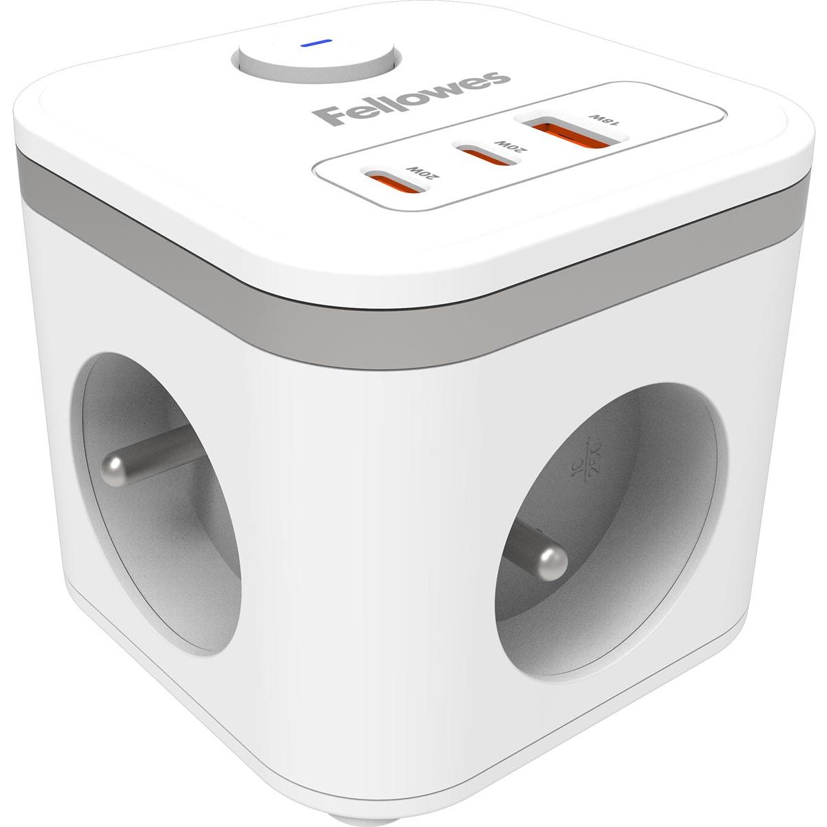 Fellowes -  contactdoos Power Cube, 3 stopcontacten + 1 x USB-A + 2 x USB-C, wit, voor België