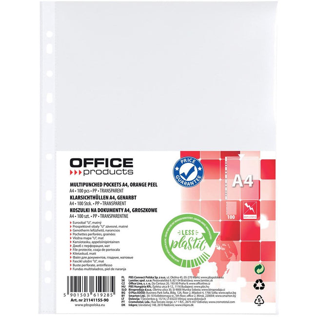 OFFICE-Produkte - Perforierte Präsentationstasche, A4, 30 Mikron, genarbt, Packung à 100 Stück