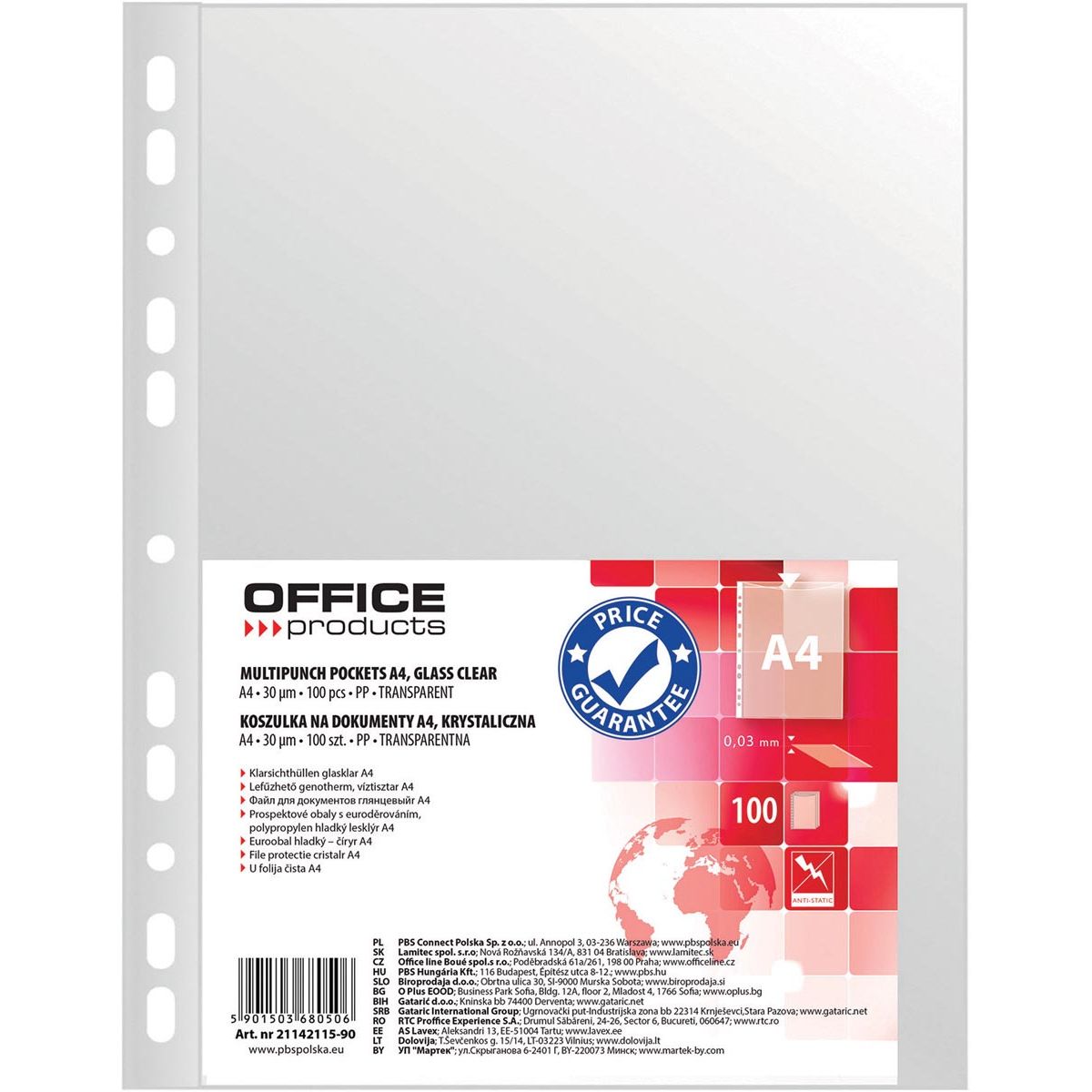 OFFICE-Produkte - Perforierte Präsentationstasche, A4, 30 Mikron, glasklar, Packung mit 100 Stück