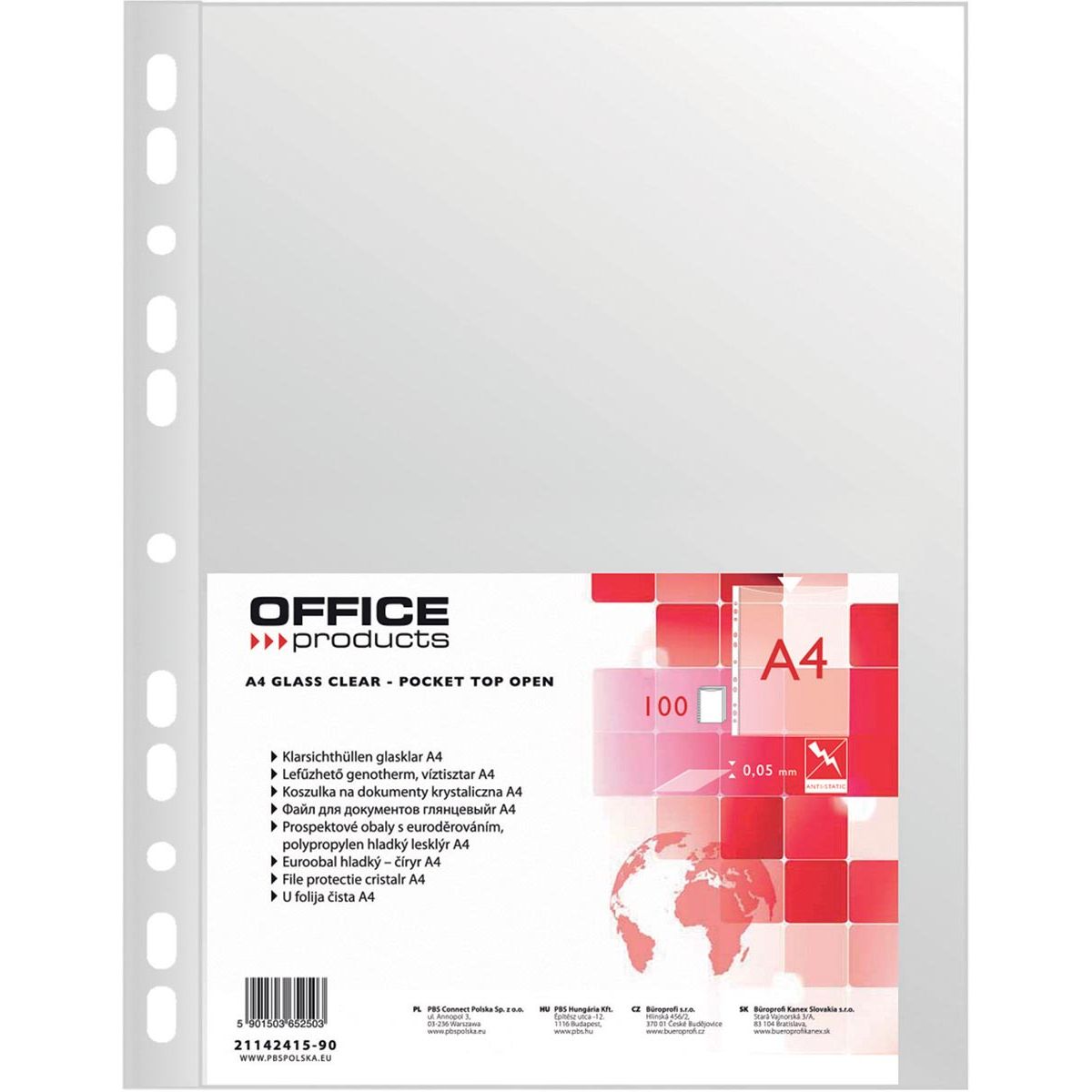Produits OFFICE - sachet de présentation perforé, A4, 50 microns, transparent, paquet de 100 pièces