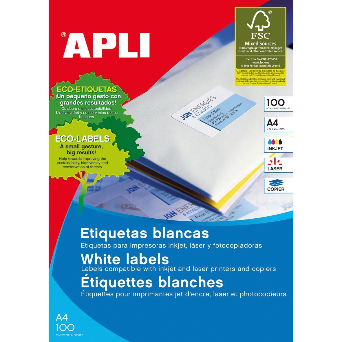 Apli -  Gekleurde etiketten ft 70 x 37 mm (b x h), geel, 2.400 stuks, 24 per blad