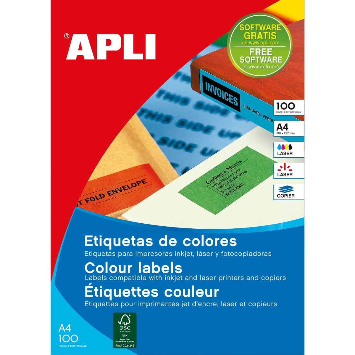 Apli - Gekleurde etiketten ft 210 x 297 mm (b x h), groen, 100 stuks, 1 per blad